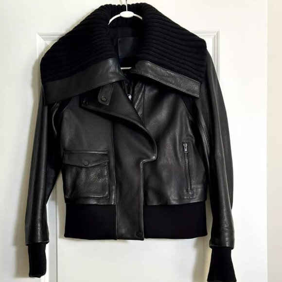 A.L.C. Black Lamb Leather Ribbed Knit Trim Collar Aviator Bomber Jacket Size 4 - Picture 1 of 15